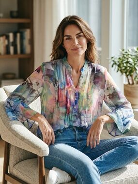 Casual Studio - sz l - Sheer Multicolor Watercolor Floral Pintuck Blouse - Women